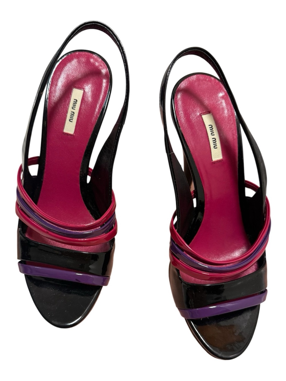 Miu Miu Black Slingback Heel Sandals with Pink and Purple Straps. Sz. 5